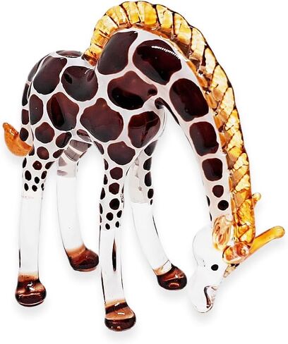 ChangThai Design Tiny 4" Head Down Orange Giraffe Figurine - Miniature Hand Blown Painted Glass Giraffes Savanna Tropical Wildlife Long Neck Animals Crystal Decorative Collectible Figurines Décor Gift in Kuwait