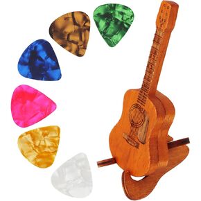 Lafo Wooden Acoustic Guitar Pick Box with Stand, 6PCS Celluloid Guitar Picks, Guitar Pick Holder Box, Musician Engraved Wooden Plectrum Case, Acoustic Guitar Box for Electric Bass Guitar Ukulele Lover