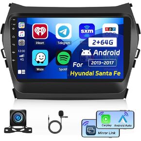Roinvou 8 Cores 4+64G Android Radio Upgrade for Hyundai Santa Fe 2013-2017, 9'' HD Touchscreen with Wireless CarPlay Android Auto GPS Navigation WiFi Backup Camera Mirror Link Bluetooth Mic FM RDS in Kuwait
