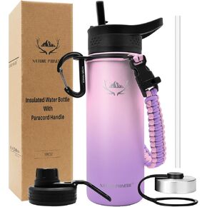 NATURE PIONEOR Insulated Water Bottles with Paracord Handle - 18 oz Vacuum Sports Wide Mouth Water Bottle with 3 Lids, Leak Proof Stainless Steel Keeps Hot and Cold in Kuwait
