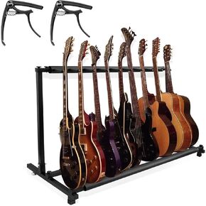 حوامل جيتار متعددة، 9 رفوف تخزين للجيتار للقيثارات الصوتية المتعددة، حامل عرض جيتار عالمي قابل للطي مع قطعتين من كابو الجيتار in Kuwait