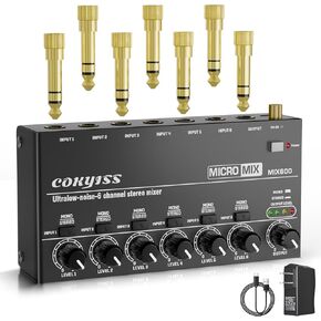 Mini Audio Mixer, 6-Channel Microphone Mixer, Stereo Line Mixer for Sub-Mixing, Built-in grounding, Mono/Stereo Switching, 1/4" Input/Output, for Guitar, Bass, Keyboards Mixer, Metal, Black