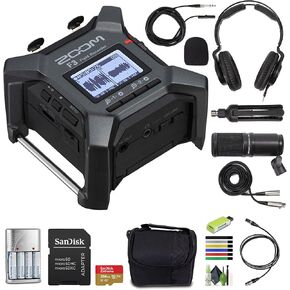 Zoom F3 Professional Field Recorder, 32-Bit Float Recording, 2 Channel Recorder, Dual AD Converters, 2 Locking XLR Inputs, Battery Powered, Wireless Control + Zoom ZDM-1 Podcast Mic Pack + More