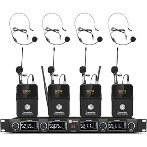 UHF 4 Channel Wireless Microphone System with Cordless Handheld Lavalier Headset Mics, Adjustable Frequency, Long Range 260ft, Ideal for Church,Karaoke,Weddings, Events