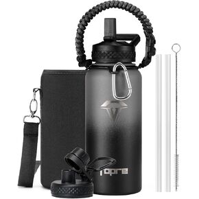 Topre 64oz Insulated Water Bottle,Half Gallon Water Flask Stainless Steel Vacuum, Cold for 48 Hrs,BPA-Free & Leakproof -with Paracord Handle,Strap,Straw Spout Lids,Large Jug for Gym Sports,Black