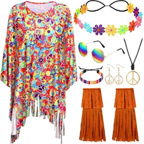 Hicarer 7Pcs 60s 70s Hippie Costume Accessories Set Tie Dye Poncho Tassel Boot Covers Sunglasses Outfits for Cosplay Party