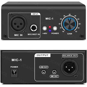 MIC-1 Microphone Preamp Mic Gain Booster with 2 Input Max 75db Gain 48V Phantom Power Ultra-Clean Gain for Dynamic and Condenser Mic