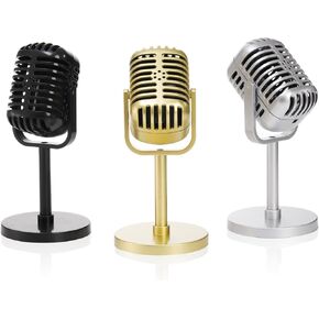 3 Pack Retro Microphone Prop, Classic Vintage Microphone Prop Model with Stand, Plastic Microphone Decor, Microphone Costume Prop Toy for Antique Classic Party Decor, Gold Silver Black