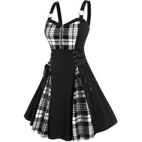 Rosegal Gothic Lace Up Plaid Half Zipper Fit and Flare Gothic Dress（Black-219/S）
