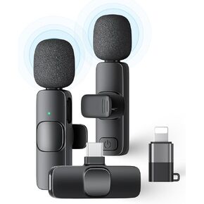 2 Pack Wireless Lavalier Microphone for iPhone iPad and Android Phone, Lapel Mic Plug and Play Wireless Mic Noise Reduction Microphone for Video Recording Interview Podcast Vlog YouTube Tiktok