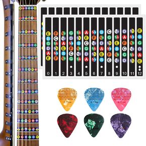 Guitar Fretboard Stickers, with Guitar Chord Chart,Color Coded Note Decals Guitar Tools for Learner Practice Fit 6 Strings Guitar with 6pcs Anti-Slip Guitar Picks