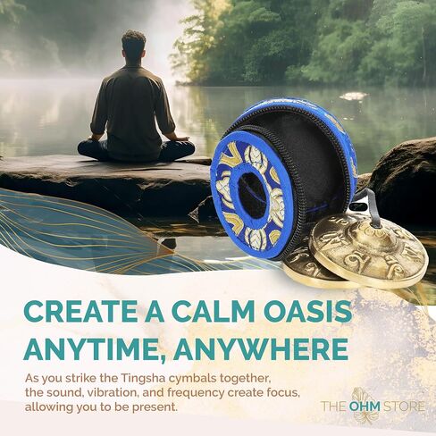Ohm Store أجراس مانترا تينغشا التبتية مع حافظة زرقاء - إكسسوار تأمل مصنوع يدويًا لليقظة واليوجا وشفاء الصوت in Kuwait