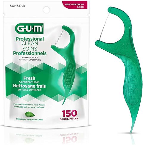 أعواد تنظيف الأسنان الاحترافية من GUM - خيط تنظيف قوي للغاية مقاوم للتمزيق، مقبض سهل الإمساك - خيط تنظيف الأسنان للبالغين - نكهة النعناع المنعش، 150 قطعة (4 قطع) in Kuwait