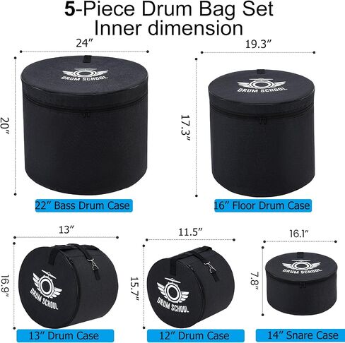 Drum Bags Set 5-pcs, Drum Case Thick Padded Drum Carrying BagIncluding 12" Tom Bag, 13" Tom Bag, 14" Snare Drum Bag, 16" Floor Tom Bag, 22" Bass Drum Case (Standard) in Saudi Arabia