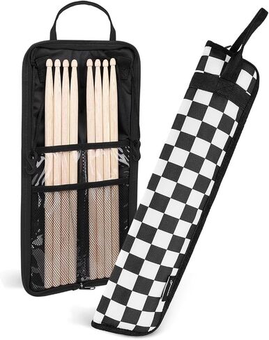 Flexzion Drum Stick Bag Percussion Music Drum Accessories Case with Hook, Card Holder, Adjustable Shoulder Strap Carrying Handle 4 Pairs Kid Drum Sticks Holder Water-Resistant Bag Fabric, Checkered in Saudi Arabia