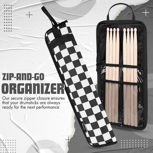 Flexzion Drum Stick Bag Percussion Music Drum Accessories Case with Hook, Card Holder, Adjustable Shoulder Strap Carrying Handle 4 Pairs Kid Drum Sticks Holder Water-Resistant Bag Fabric, Checkered in Saudi Arabia