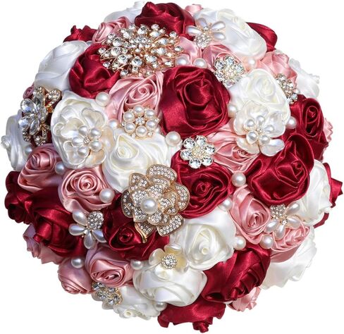Bridal Wedding Bouquet with Rhinestone Brooch Pearl Bouquet for Bride Bridesmaid Quinceanera Rose Flower Bridal Bouquet Wedding Light Green and Ivory 8.7in in Saudi Arabia