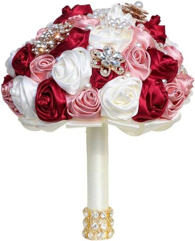 Bridal Wedding Bouquet with Rhinestone Brooch Pearl Bouquet for Bride Bridesmaid Quinceanera Rose Flower Bridal Bouquet Wedding Light Green and Ivory 8.7in in Saudi Arabia