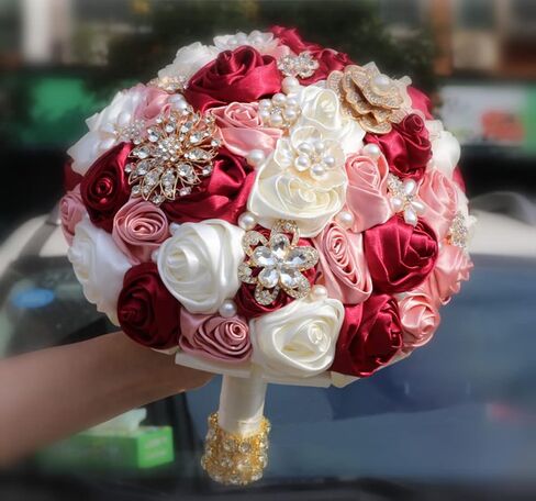Bridal Wedding Bouquet with Rhinestone Brooch Pearl Bouquet for Bride Bridesmaid Quinceanera Rose Flower Bridal Bouquet Wedding Light Green and Ivory 8.7in in Saudi Arabia