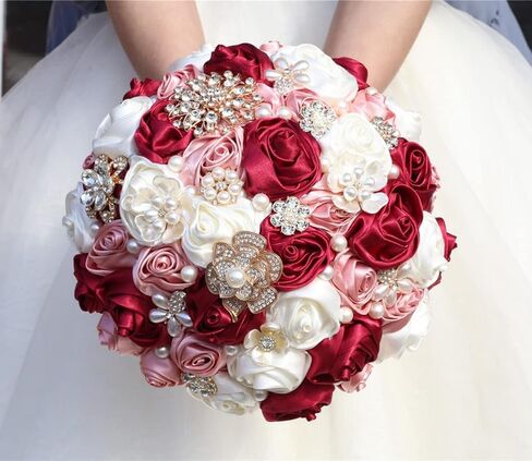 Bridal Wedding Bouquet with Rhinestone Brooch Pearl Bouquet for Bride Bridesmaid Quinceanera Rose Flower Bridal Bouquet Wedding Light Green and Ivory 8.7in in Saudi Arabia