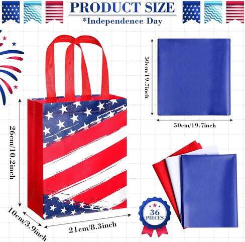 Clysee Reusable Patriotic Non Woven Presidents Day Gift Bags with Tissue Paper 6 Different Patterns Waterproof Tote Bags with Handle for 4th of July Decor Holiday Patriotic Party Favors(12 Pack) in Saudi Arabia