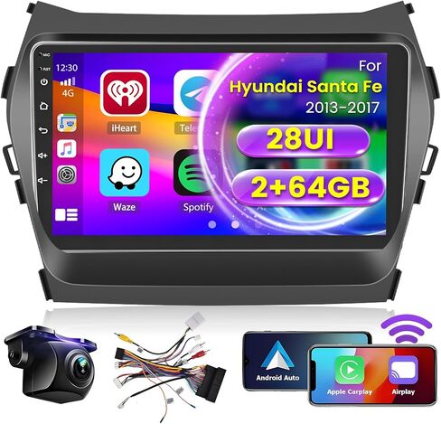 ترقية راديو Roinvou 8 Cores 4+64G Android لسيارة Hyundai Santa Fe 2013-2017، شاشة لمس عالية الدقة 9 بوصة مع CarPlay لاسلكي Android Auto GPS Navigation WiFi Backup Camera Mirror Link Bluetooth Mic FM RDS in Kuwait
