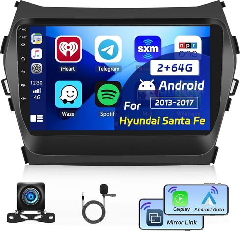 Roinvou 8 Cores 4+64G Android Radio Upgrade for Hyundai Santa Fe 2013-2017, 9'' HD Touchscreen with Wireless CarPlay Android Auto GPS Navigation WiFi Backup Camera Mirror Link Bluetooth Mic FM RDS in Kuwait