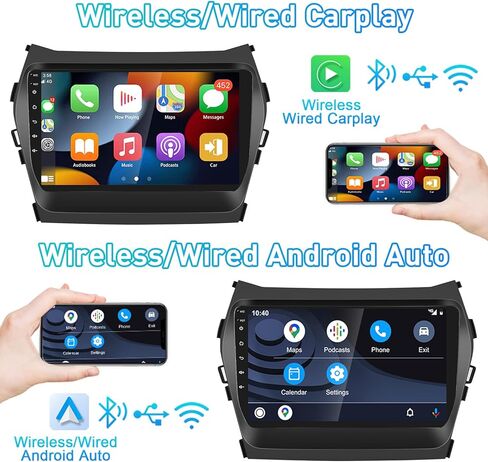 Roinvou 8 Cores 4+64G Android Radio Upgrade for Hyundai Santa Fe 2013-2017, 9'' HD Touchscreen with Wireless CarPlay Android Auto GPS Navigation WiFi Backup Camera Mirror Link Bluetooth Mic FM RDS in Kuwait