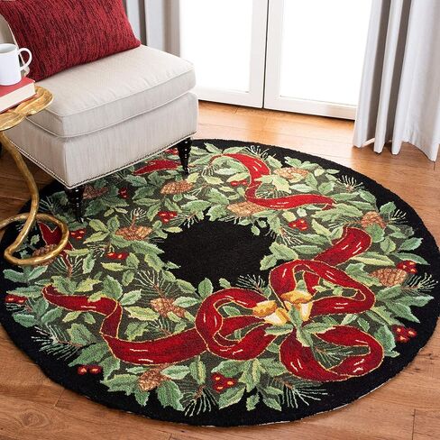 SAFAVIEH Vintage Poster Collection Area Rug - 5' Round, Black & Green, Handmade Christmas Wreath Novelty Wool, Ideal for High Traffic Areas in Living Room, Bedroom (VP323A) in Saudi Arabia