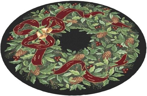 SAFAVIEH Vintage Poster Collection Area Rug - 5' Round, Black & Green, Handmade Christmas Wreath Novelty Wool, Ideal for High Traffic Areas in Living Room, Bedroom (VP323A) in Saudi Arabia
