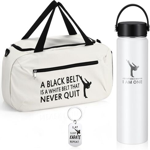 Layhit 3 Pcs Karate Gifts for Boy Girl Include Large Martial Art Duffel Bag 24 oz Stainless Steel Sport Water Bottle Karate Keychain Taekwondo Gifts for Sport Active Athletes Gym Back to School in Saudi Arabia