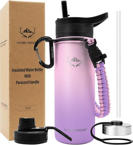 NATURE PIONEOR Insulated Water Bottles with Paracord Handle - 18 oz Vacuum Sports Wide Mouth Water Bottle with 3 Lids, Leak Proof Stainless Steel Keeps Hot and Cold in Kuwait