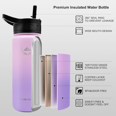 NATURE PIONEOR Insulated Water Bottles with Paracord Handle - 18 oz Vacuum Sports Wide Mouth Water Bottle with 3 Lids, Leak Proof Stainless Steel Keeps Hot and Cold in Kuwait