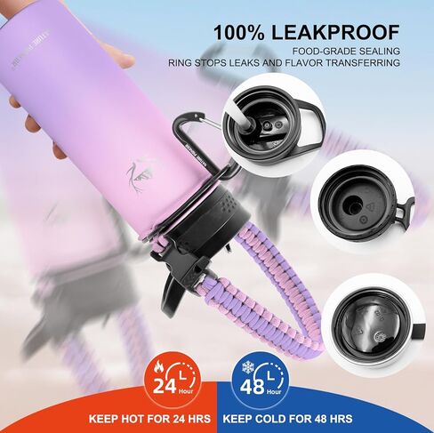 NATURE PIONEOR Insulated Water Bottles with Paracord Handle - 18 oz Vacuum Sports Wide Mouth Water Bottle with 3 Lids, Leak Proof Stainless Steel Keeps Hot and Cold in Kuwait