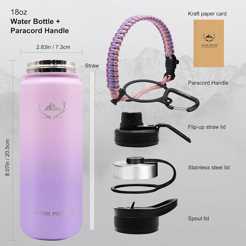 NATURE PIONEOR Insulated Water Bottles with Paracord Handle - 18 oz Vacuum Sports Wide Mouth Water Bottle with 3 Lids, Leak Proof Stainless Steel Keeps Hot and Cold in Kuwait