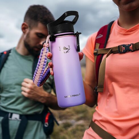 NATURE PIONEOR Insulated Water Bottles with Paracord Handle - 18 oz Vacuum Sports Wide Mouth Water Bottle with 3 Lids, Leak Proof Stainless Steel Keeps Hot and Cold in Kuwait
