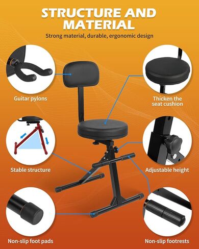 STRICH Guitar Stool with Backrest and Seat Cushion Height Adjustable, Guitar Chair with Hanger for Acoustic, Electric & Bass Guitars, Drum Throne for Adults, Drummer, and Guitarist, SGT-30 in Saudi Arabia