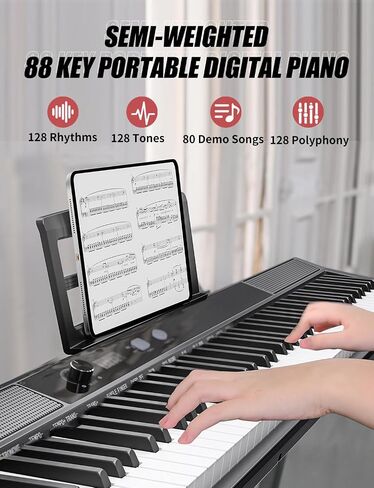 88 Key Semi-weighted Electronic Keyboard Piano,Full Size Digital Piano Portable Keyboard with Stand, Sustain Pedal, Power Supply，MIDI/USB/MP3 Function for Beginners at Home/Stage（Black） in Saudi Arabia