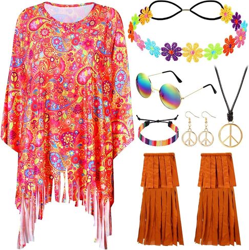 Hicarer 7Pcs 60s 70s Hippie Costume Accessories Set Tie Dye Poncho Tassel Boot Covers Sunglasses Outfits for Cosplay Party in Saudi Arabia