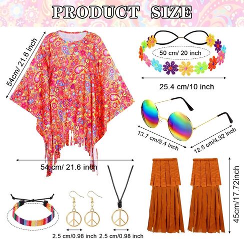 Hicarer 7Pcs 60s 70s Hippie Costume Accessories Set Tie Dye Poncho Tassel Boot Covers Sunglasses Outfits for Cosplay Party in Saudi Arabia