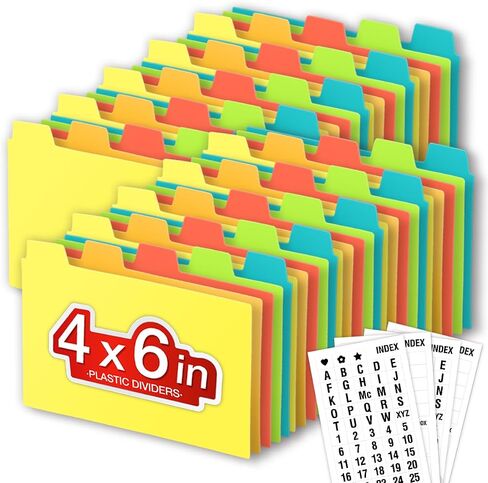 Chell 4x6 Plastic Index Card Dividers, Heavyweight Poly Index Card Guides A-Z for Flash Cards and Recipe Cards, with Alphabetical/Blank Stickers, Pack of 25 in Saudi Arabia