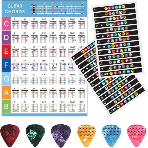 ملصقات جيتار فريتس، ​​مع مخطط وتر الجيتار، ملصقات ملاحظات مرمزة بالألوان أدوات الجيتار لممارسة المتعلم تناسب 6 أوتار جيتار مع 6 قطع من ريش الجيتار المضادة للانزلاق in Kuwait