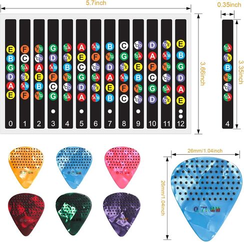 Guitar Fretboard Stickers, with Guitar Chord Chart,Color Coded Note Decals Guitar Tools for Learner Practice Fit 6 Strings Guitar with 6pcs Anti-Slip Guitar Picks in Saudi Arabia