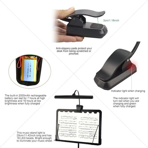 Music Stand Light,Rechargeable 18 LEDs Eye Caring Clip-on Piano Light,Super Bright Clip On Piano Lamp,3 Color Temperature,Perfect for Grand Piano,Keyboard,Sheet Music,Book Reading(Black) in Saudi Arabia