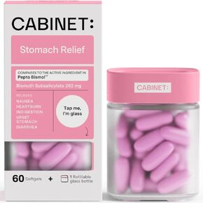 Cabinet: Stomach Relief Bismuth Subsalicylate 262mg, 60 Count | Anti-Diarrheal Relief for Upset Stomach, and Indigestion (Refill Pouch)