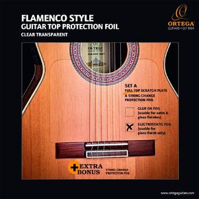 Ortega Guitars Flamenco Full Top Scratch Plate Pickguard w/String Change Foil - Electrostatic - Transparent, Right, Clear (OERP-FLAM1)