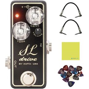 XOTIC SL Drive Mini Overdrive Pedal Bundle w/ 2-Pack Strukture S6P48 Woven Right Angle Patch Cable, 12-Pack Guitar Pick and Liquid Audio Polishing Cloth