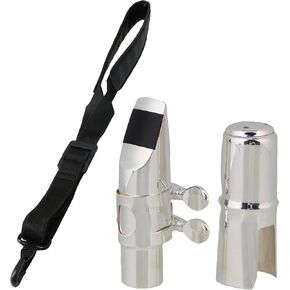 Yibuy 2Pcs 6# Alto E Flat Sax Mouthpiece Silver for Beginner with Neck Strap for Music Lover