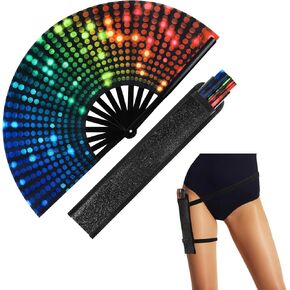 FairySandy Large Rave Fan UV Glow Rave Hand Fan for Men/women Bamboo Silk Handheld Fan for Dance Music Festival Club Performance Party Decoration Gifts