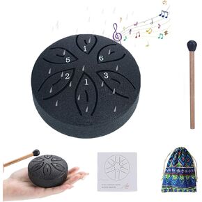 Rain Drum for Outside, 3 Inches 6 Notes Steel Tongue Drum Rain Chime, Mini Steel Drum, Chakra Drum, Handpan Drum with Bag Sticks Music Book, Percussion Instrument Ethereal Drums for Meditation (Black)